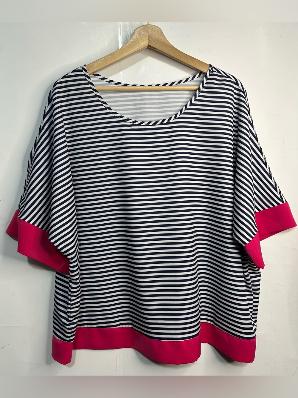 Shein Striped Hot Pink Trimmed Blouse 2XL